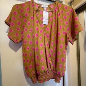 Evereve Mustard Blouse with Hot Pink Spot Print